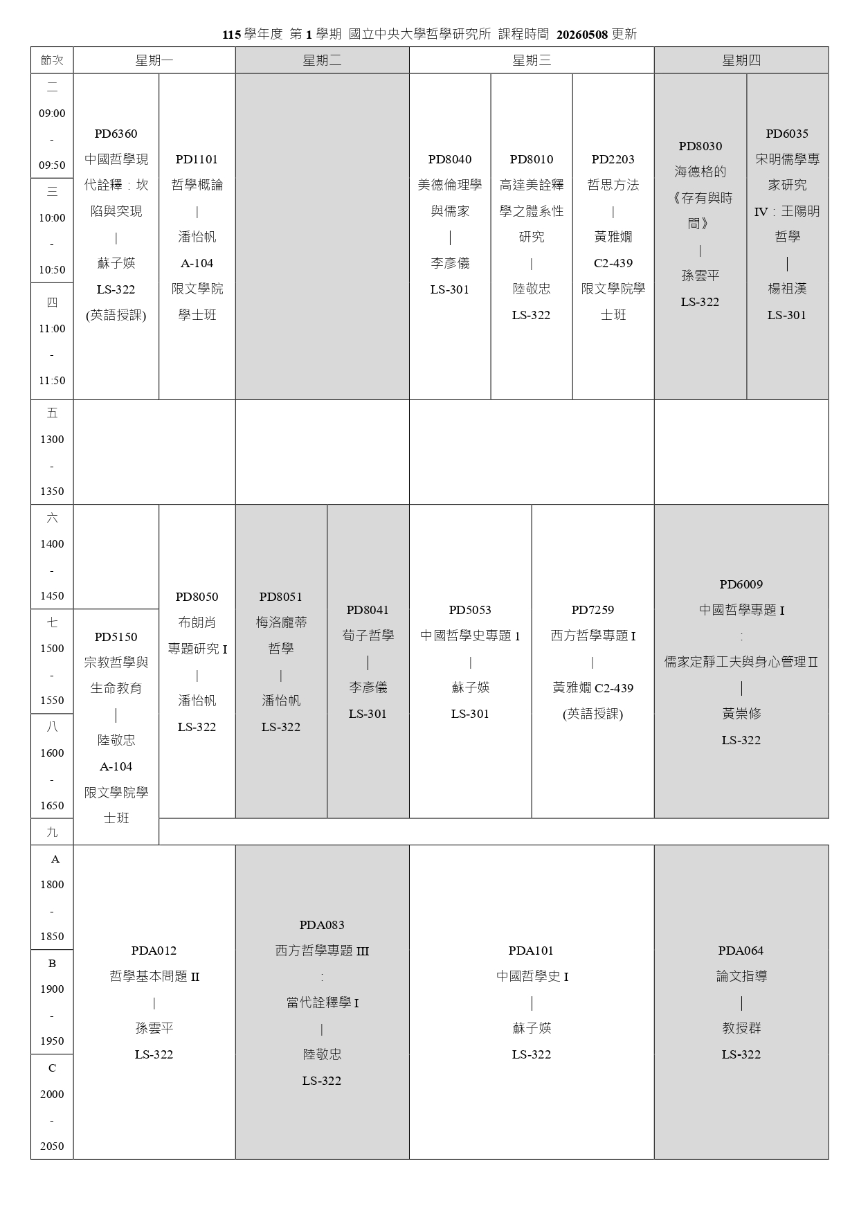 〔課表公告〕115-1 課表
