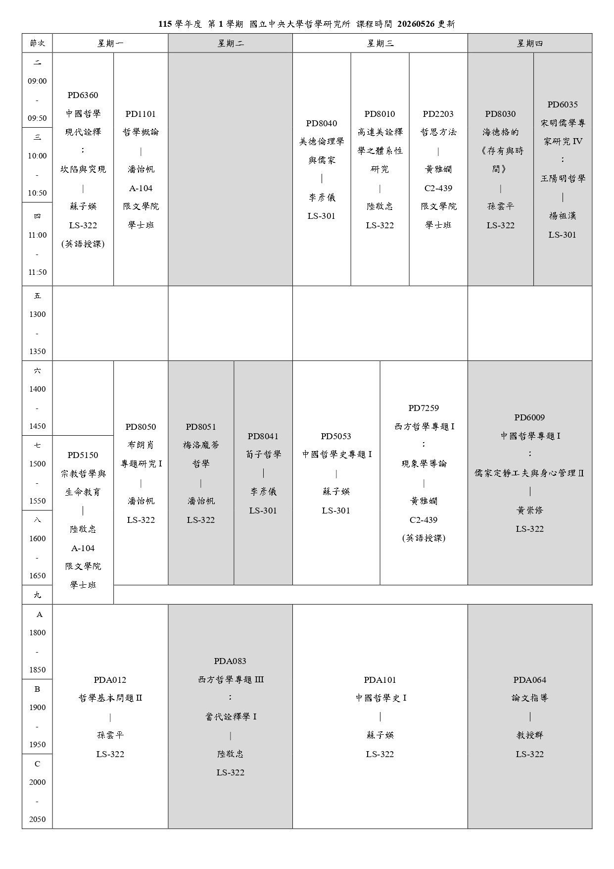 〔課表公告〕115-1 課表