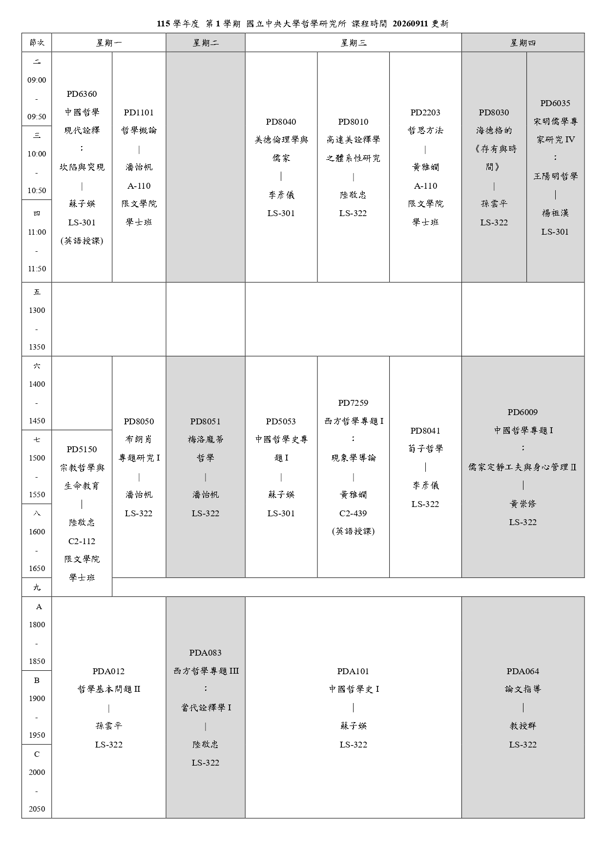 〔課表公告〕115-1 課表
