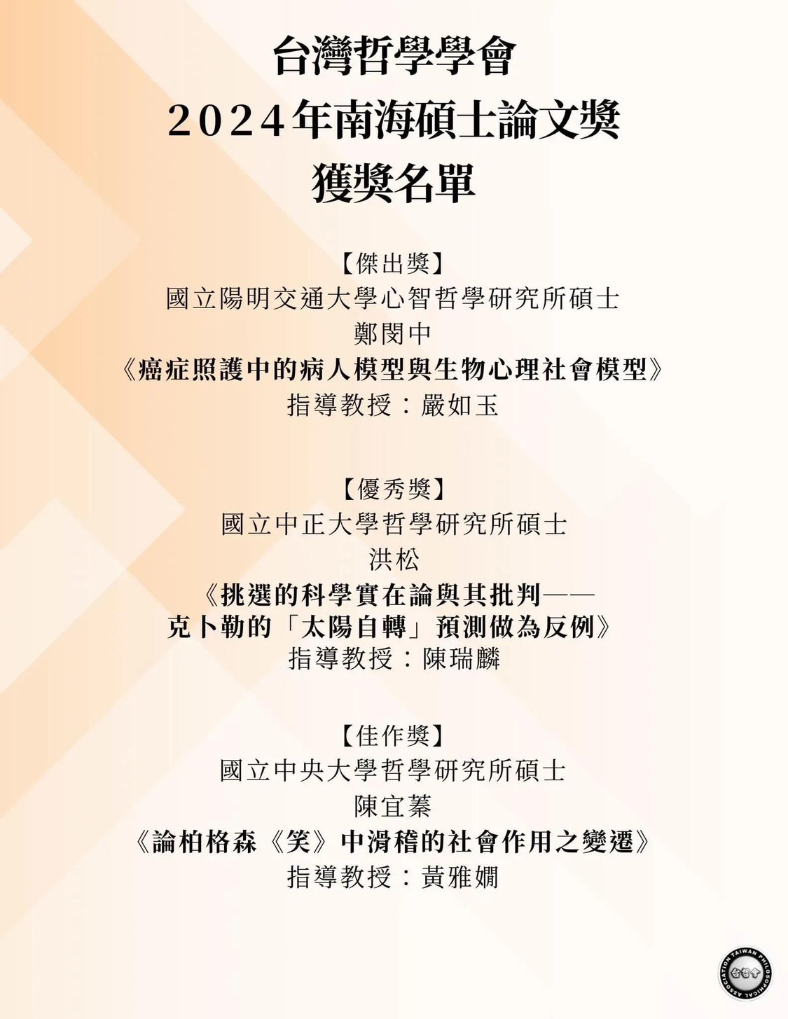 〔獲獎公告〕恭賀 黃雅嫺老師指導畢業校友陳宜蓁 榮獲台灣哲學…