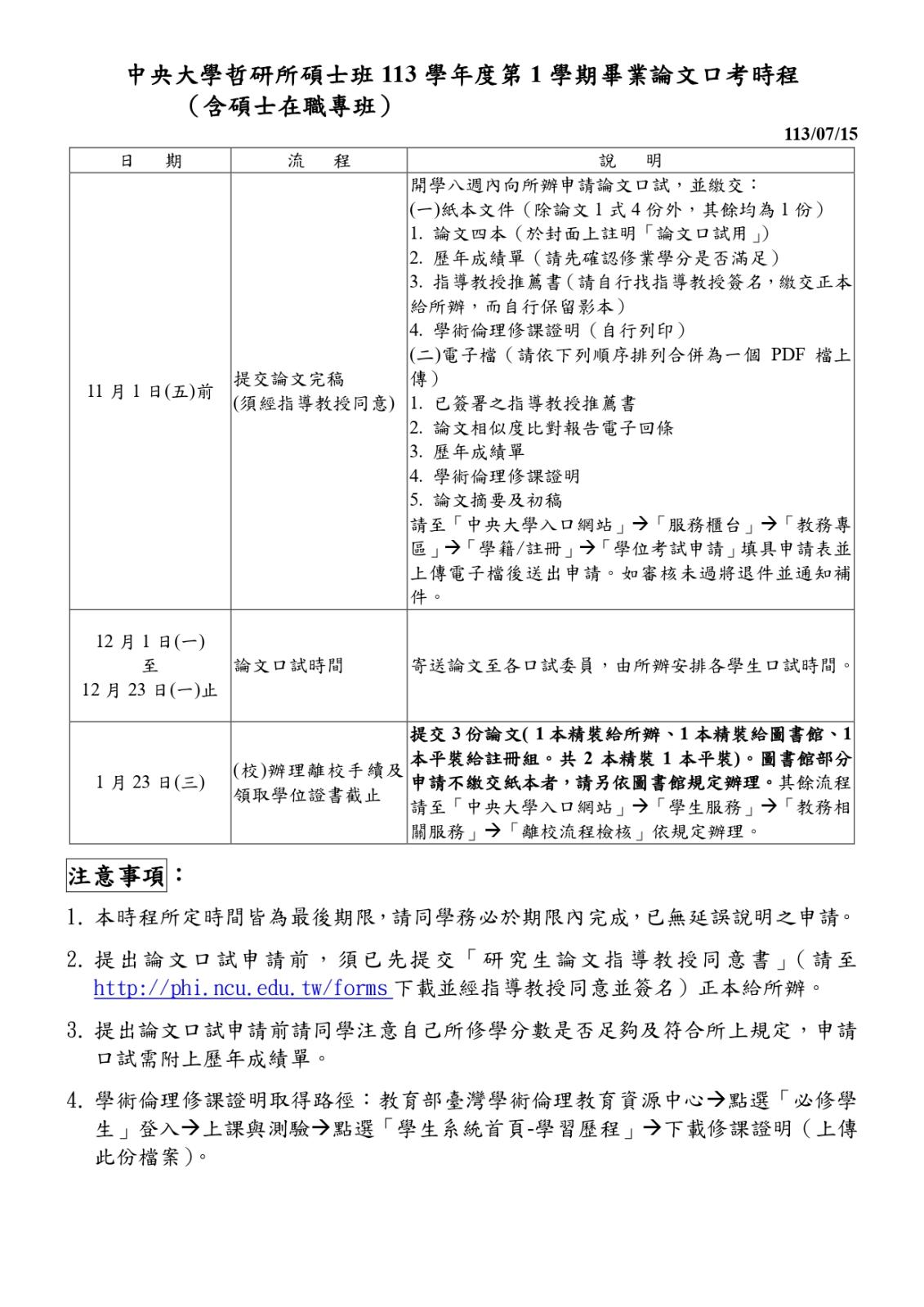 〔重要公告〕中央大學哲研所碩士班 113 學年度第 1 學期畢業論…（圖 2／2）