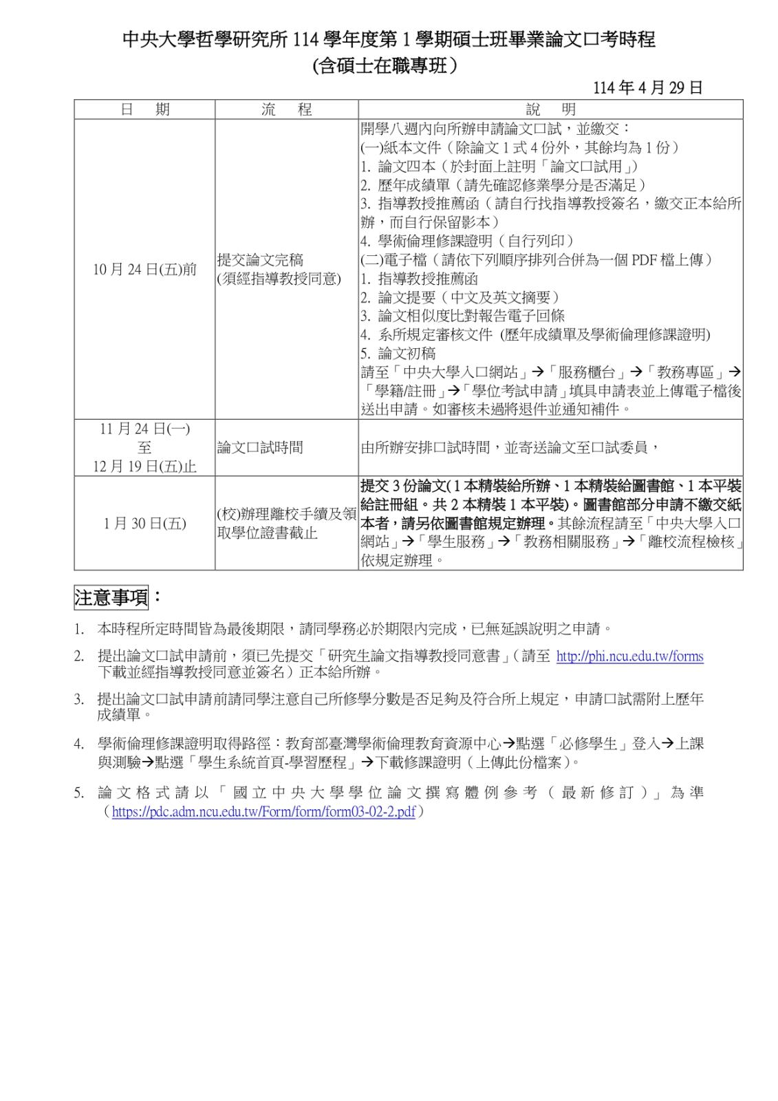 〔重要公告〕114-1碩士班(含在職班)修業時程