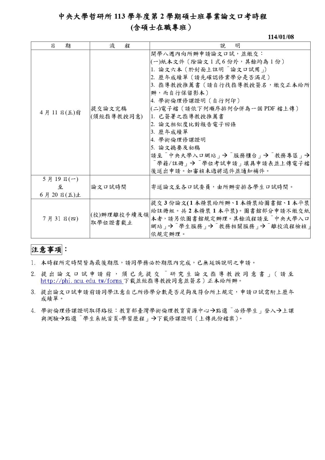 〔重要公告〕113-2碩士班(含在職班)修業時程